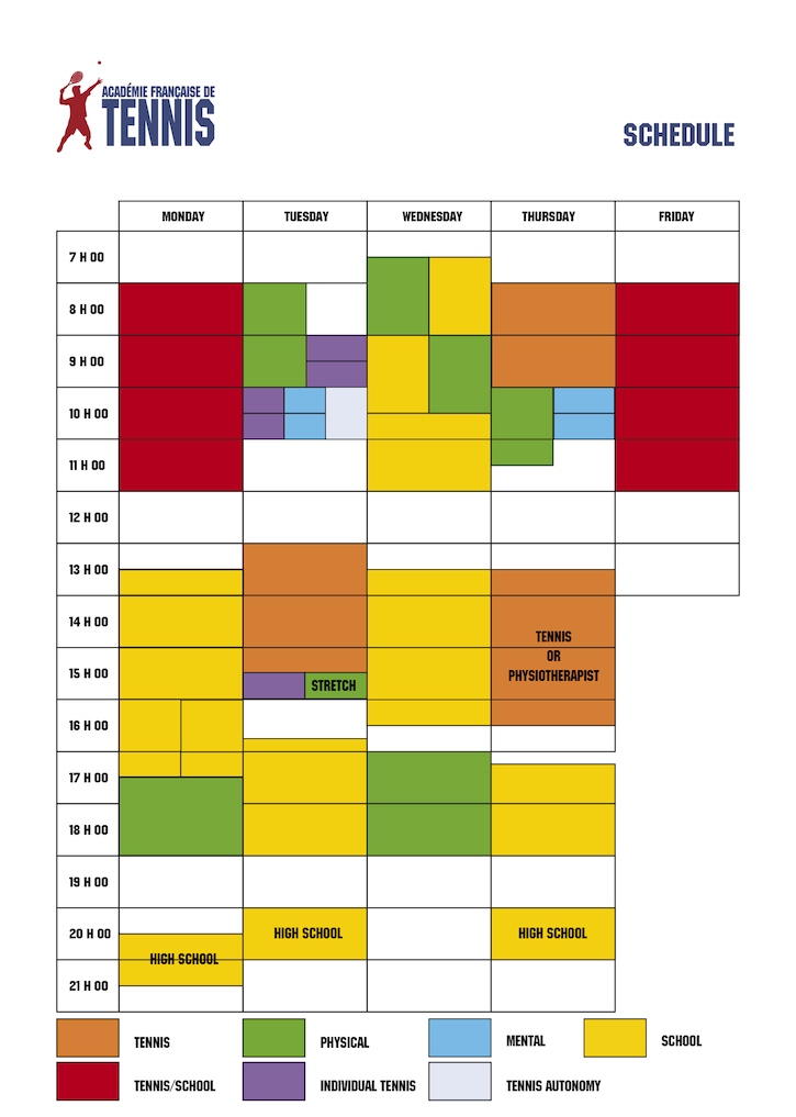 The schedule of the French Tennis Academy ColombiersduPlessis, France